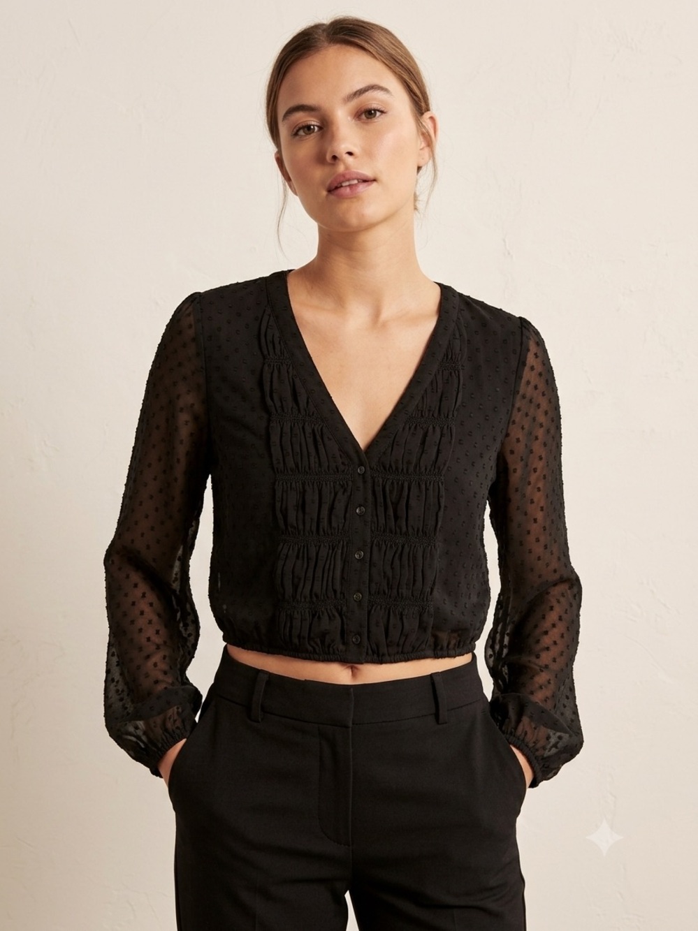 Abercrombie & Fitch Sheer Swiss Dot Black V-Neck Blouse size M